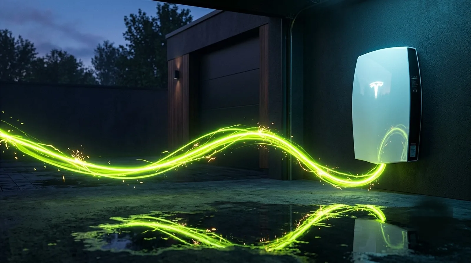 Tesla Powerwall 3 installers UK Tesla Powerwall 3 home battery on a UK wall storing solar energy, with a glowing green energy trail
