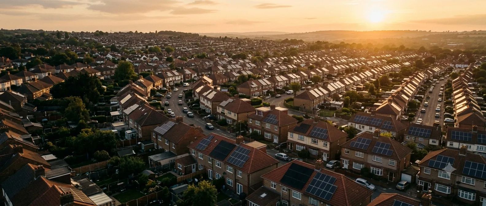 Tesla Powerwall installations on real UK roofs Aerial view of UK homes with rooftop solar panels and Tesla Powerwall battery installations across a neighbourhood