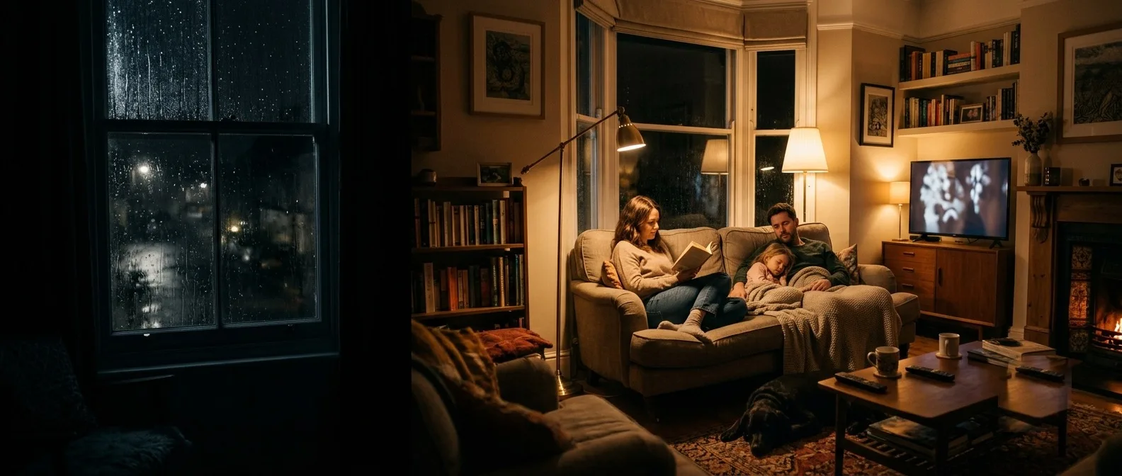 Your home stays on during a power cut with a Tesla Powerwall A British living room stays lit and warm during a night-time power cut, powered by a Tesla Powerwall while the street outside is dark