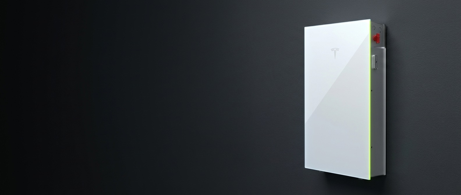 Tesla Powerwall 3 home battery, up close Close-up of a Tesla Powerwall 3 home battery on a dark wall, showing its premium matte finish and Tesla wordmark
