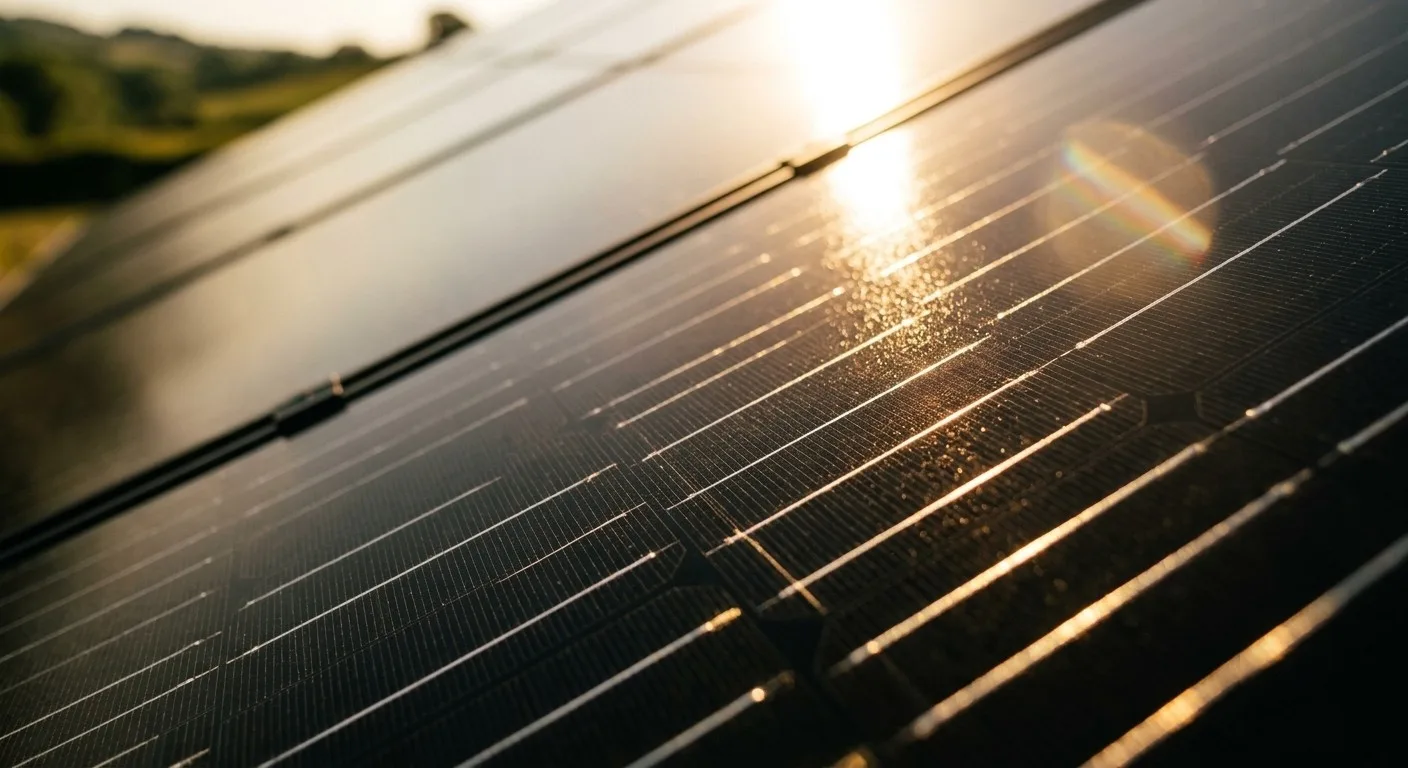 Run your UK home on solar with a Tesla Powerwall British rooftops covered in solar panels at sunrise, a home running on solar energy