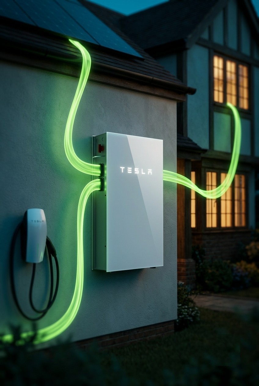 Tesla Powerwall 3: solar, battery and backup in one A Tesla Powerwall 3 on a UK home wall with solar, home and EV energy flowing into it as one integrated system