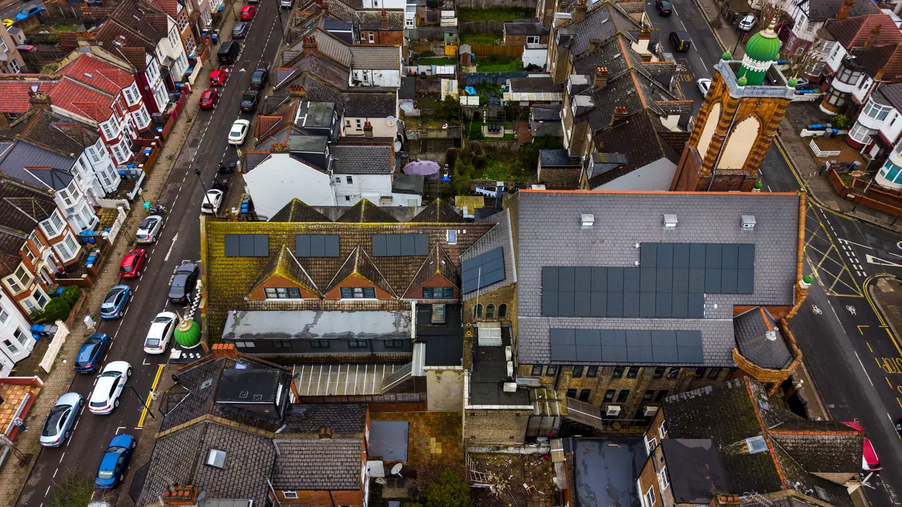Aerial view of the completed solar array on the Mosque and Islamic Centre of Brent