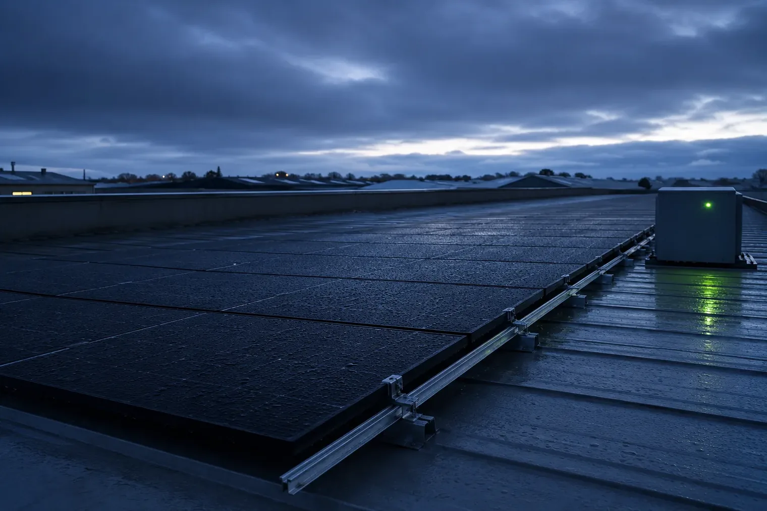 A finished run of black solar panels on the wet metal roof of a UK commercial building at dusk, with a status light glowing green on the roof sheet