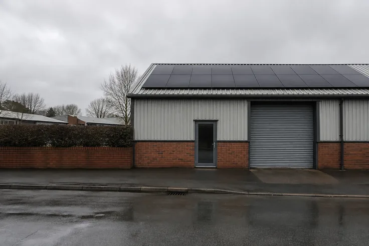 A modest British commercial unit seen from the kerb on an overcast day, with black solar panels on its shallow pitched roof above brick and profiled cladding