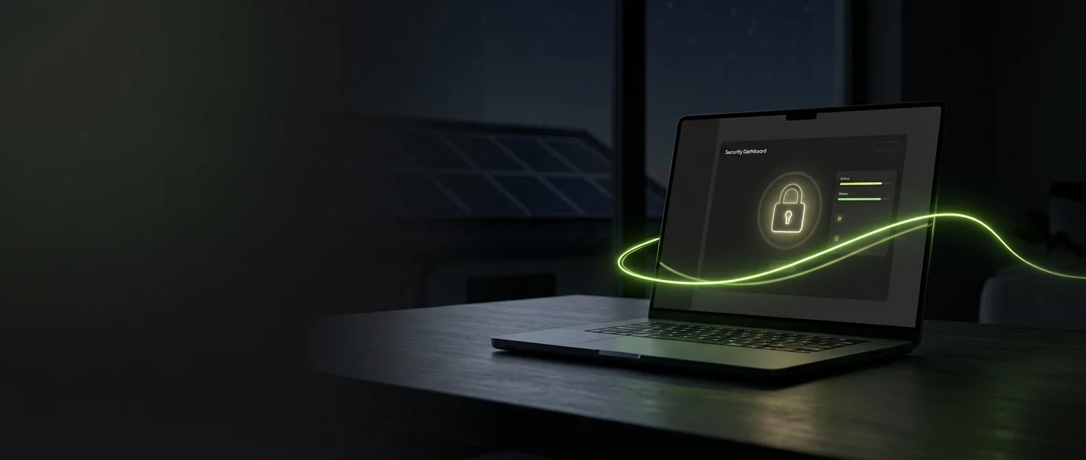 Laptop on a dark desk showing a security dashboard with a padlock icon, solar panels beyond the window