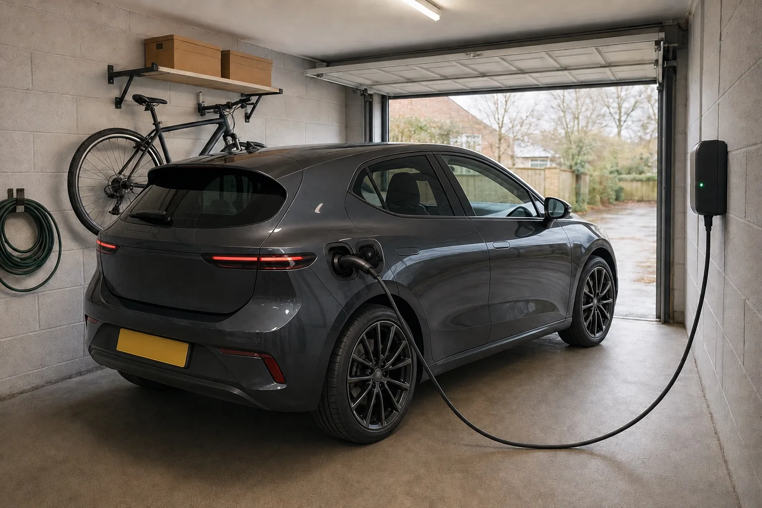 An electric hatchback parked in a tidy British garage, plugged into a wall-mounted charger by the socket on its rear wing, with the door open to a damp driveway
