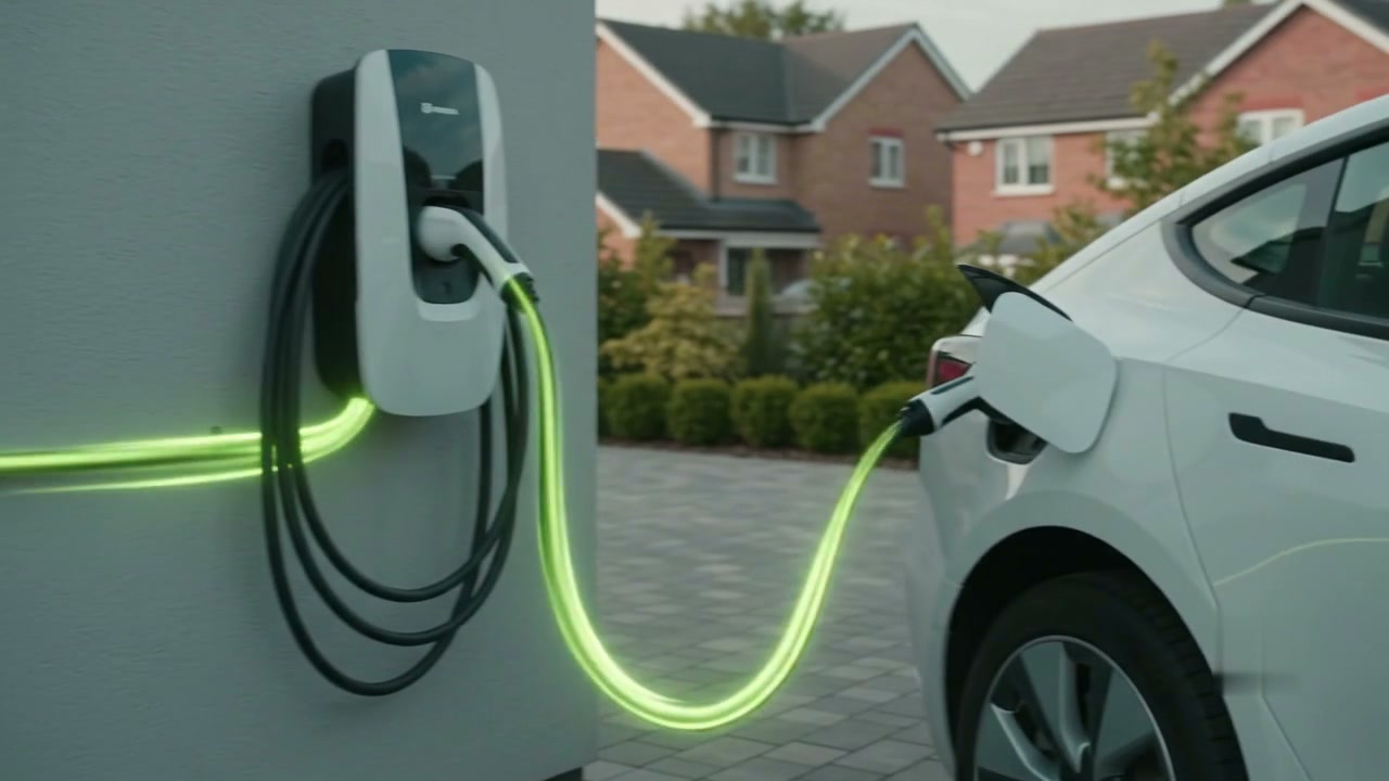 A home EV charger connected to a white electric car with acid-green energy flowing along the charging cable