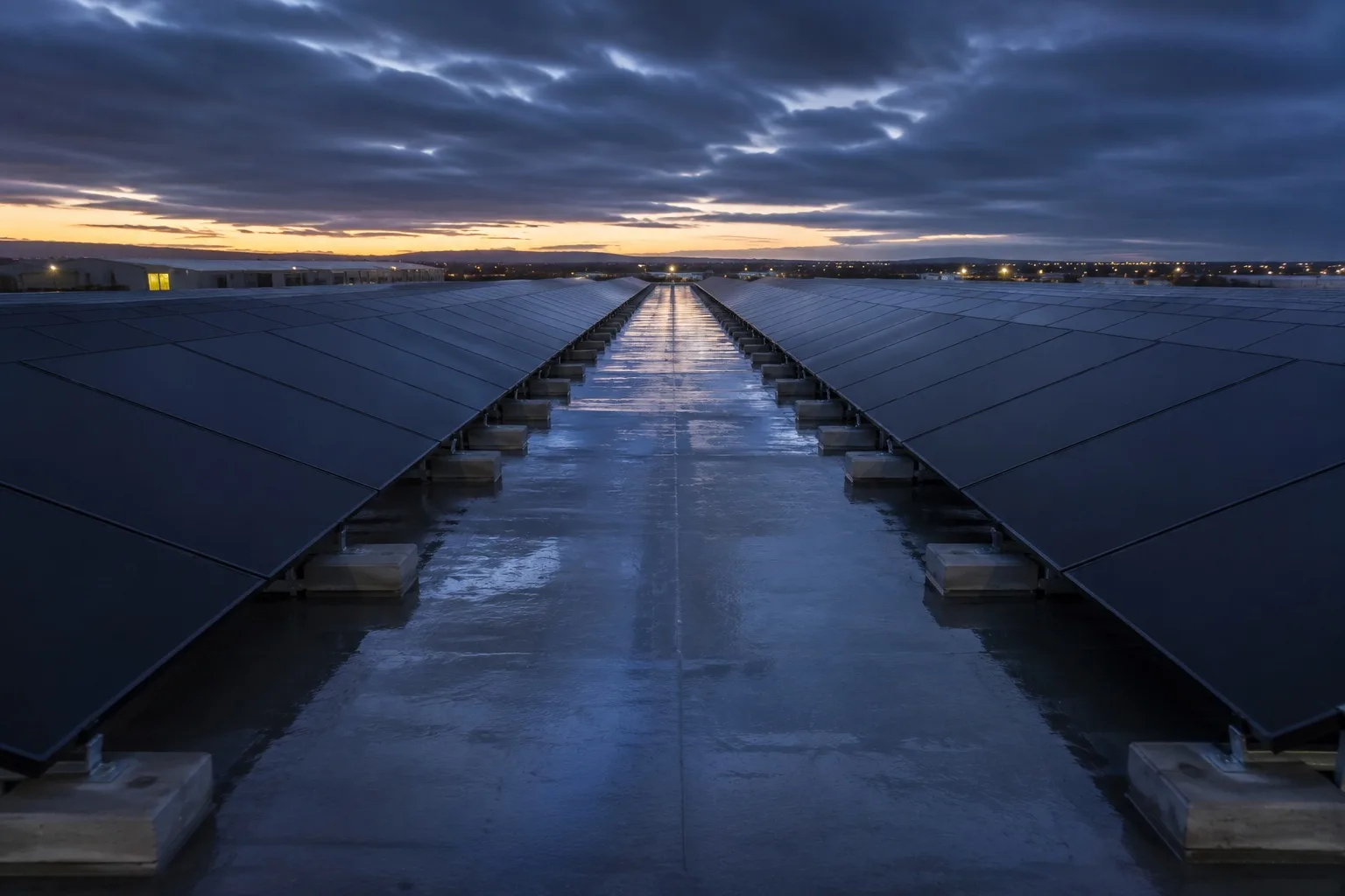 Standing between two rows of matte black solar panels on a large industrial flat roof at dusk, the rows converging towards the horizon