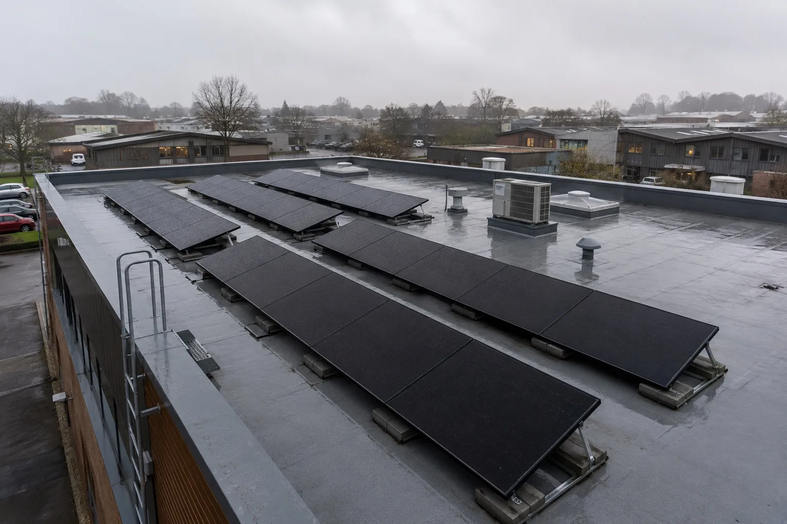 Matte black solar panels on tilted ballasted frames in parallel rows across a small commercial flat roof, set back from the parapet