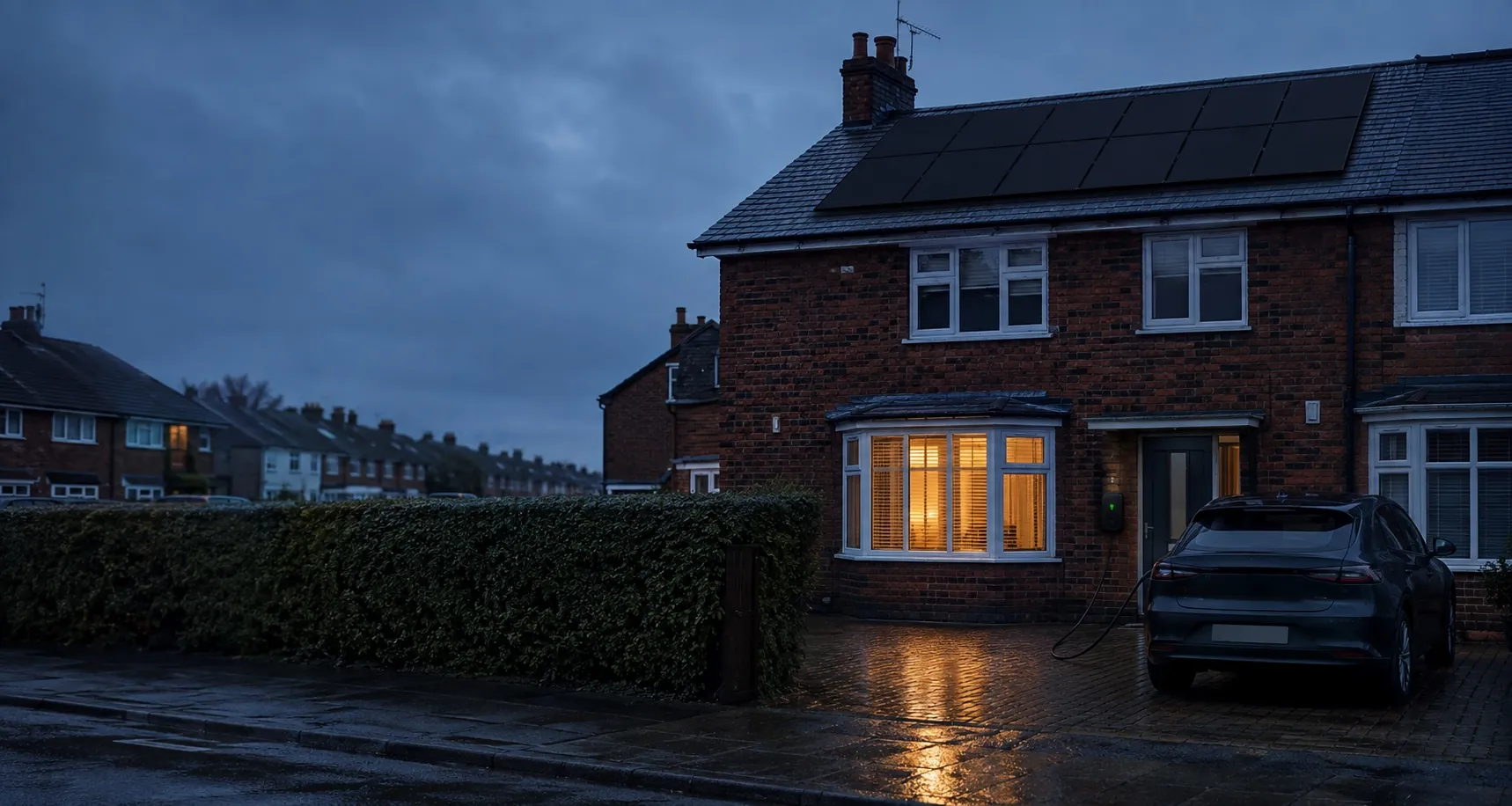 A red-brick British house at dusk with solar panels on the roof, warm light in the bay window and an electric car charging on the wet driveway