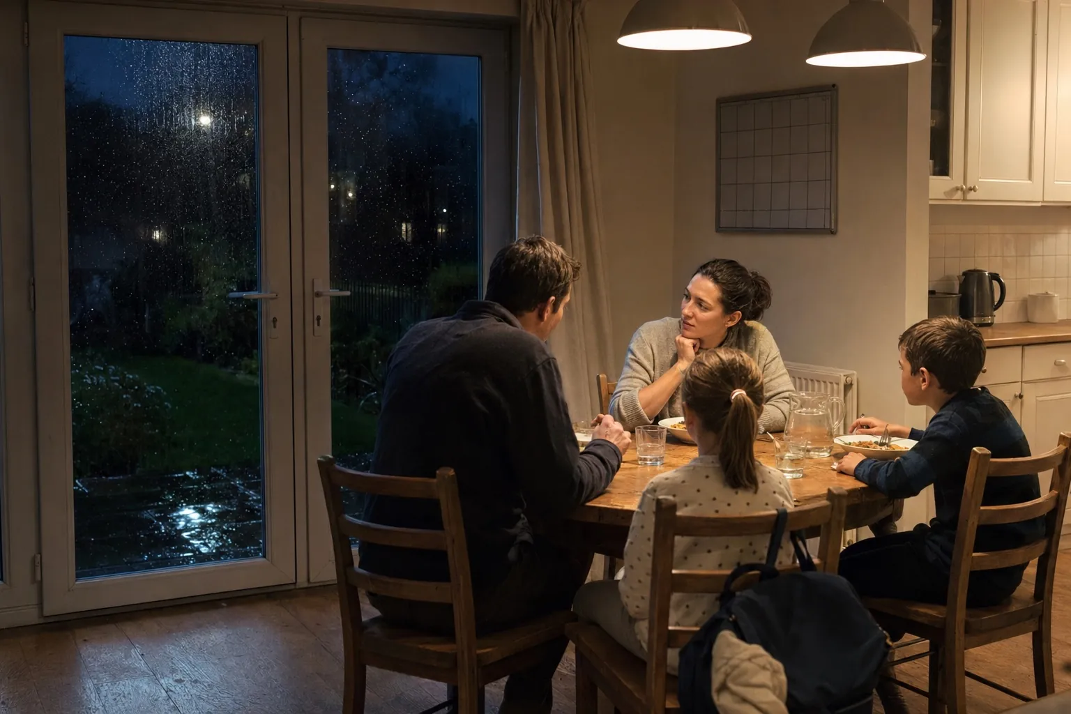 A family having dinner in a warmly lit British kitchen on a winter evening, rain on the patio doors and the garden dark beyond