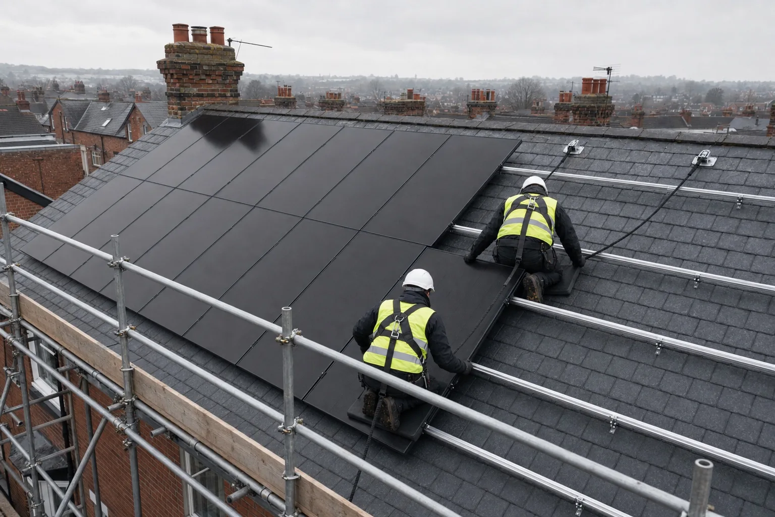 Two Solar4Good installers in harnesses fitting black solar panels to a grey slate roof, with scaffolding and guardrails along the eaves and terraced rooftops behind
