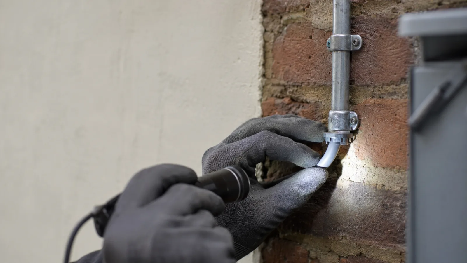 Electrician in gloves checking cable entering galvanised conduit on a brick wall by torchlight