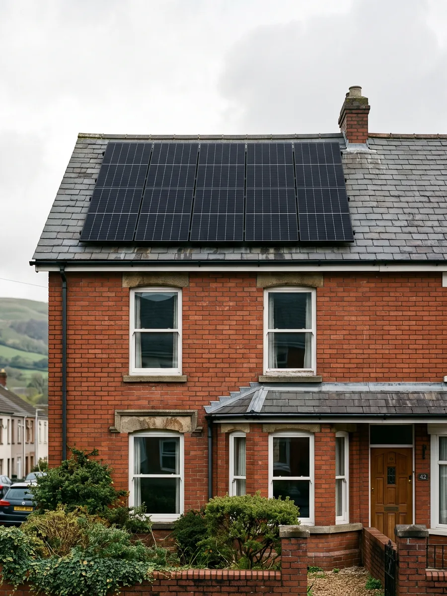 Ten solar panels in two rows on the slate roof of a red-brick end-terrace house on a Newport street, with the hills behind