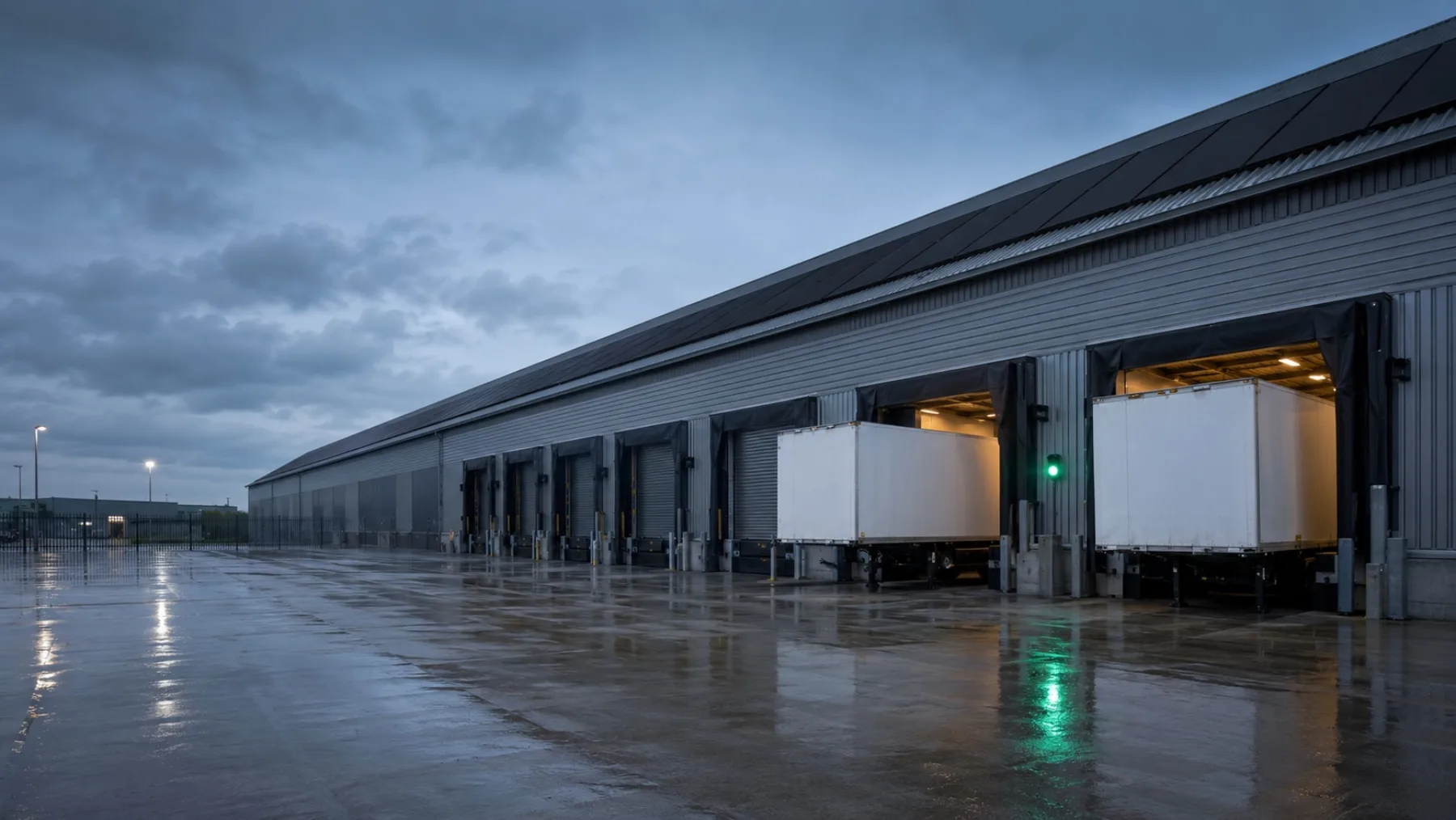 Loading dock of a UK distribution centre at dusk, warm light from open bays and solar panels along the roofline