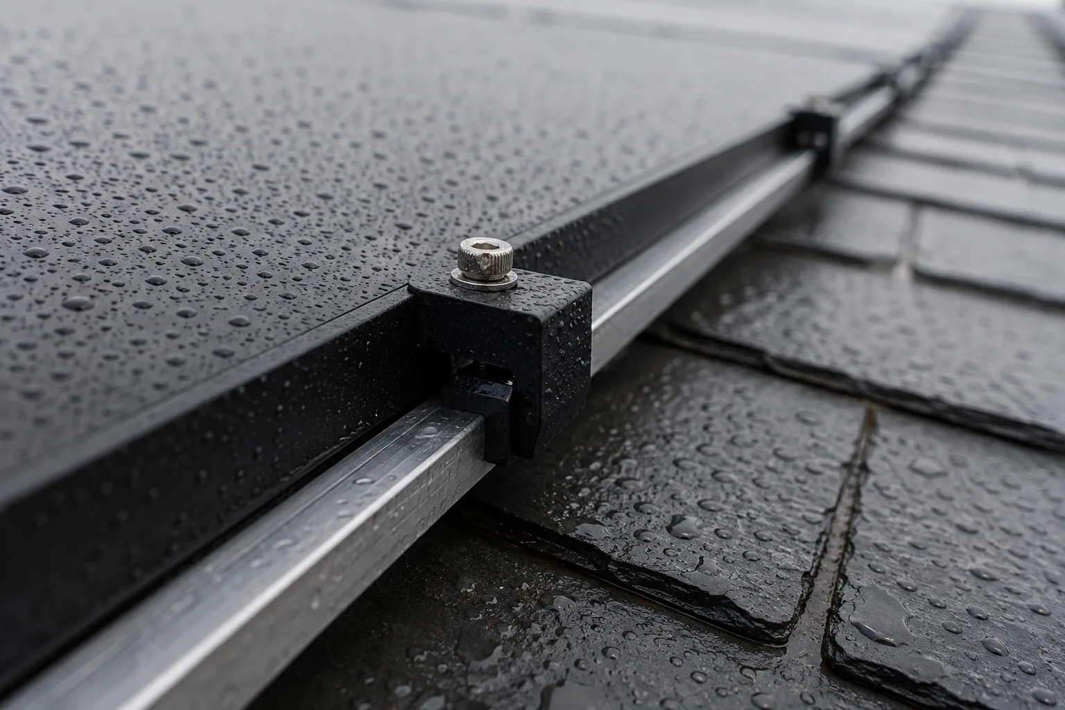 A close view of a black mounting clamp and aluminium rail holding matte black solar panels on a rain-beaded slate roof