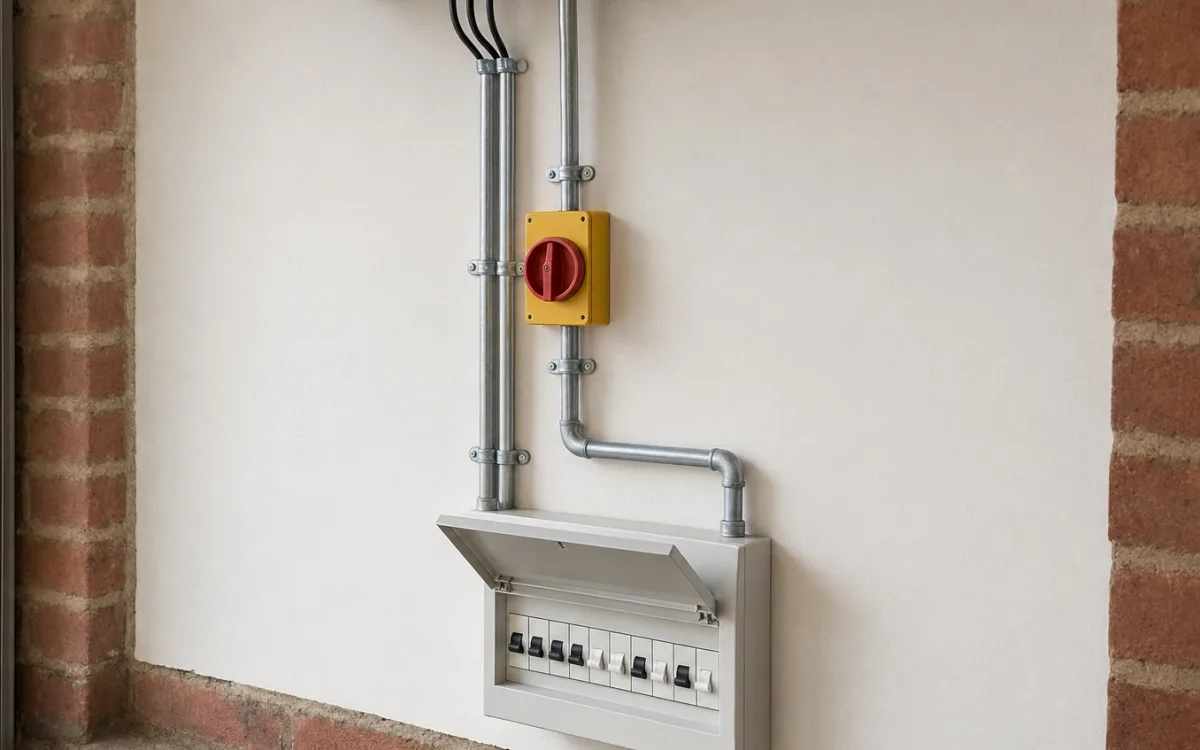 Galvanised conduit running down through a red rotary isolator into the consumer unit of a UK garage
