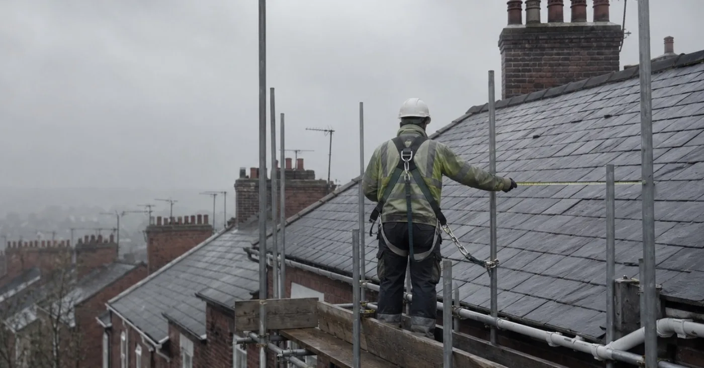 Solar surveyor on scaffolding measuring a bare slate roof above British terraced houses