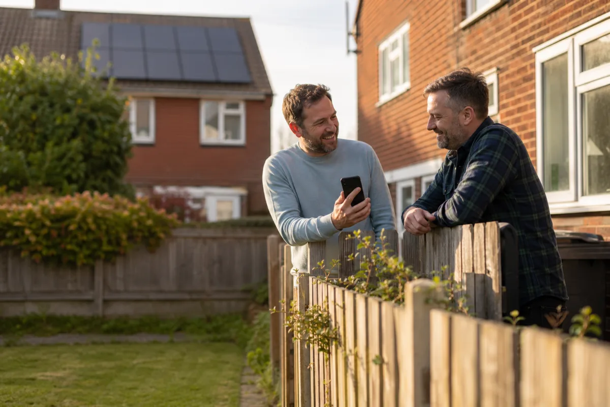 Refer a friend to Solar4Good Two neighbours talking over a garden fence, one showing the other his phone, with solar panels on the tiled roof of a red-brick house behind them