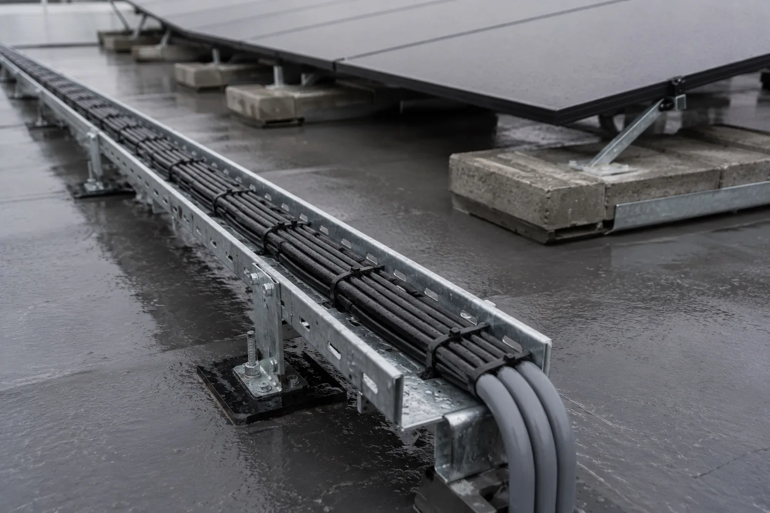 A galvanised cable tray on a commercial flat roof carrying bundled DC cabling, with the edge of a ballasted solar array behind