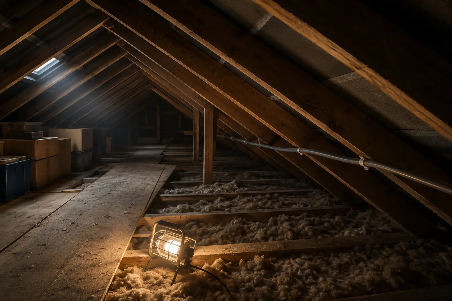 The inside of a British roof void lit by a single work lamp, showing timber rafters, laid insulation and a clipped cable run