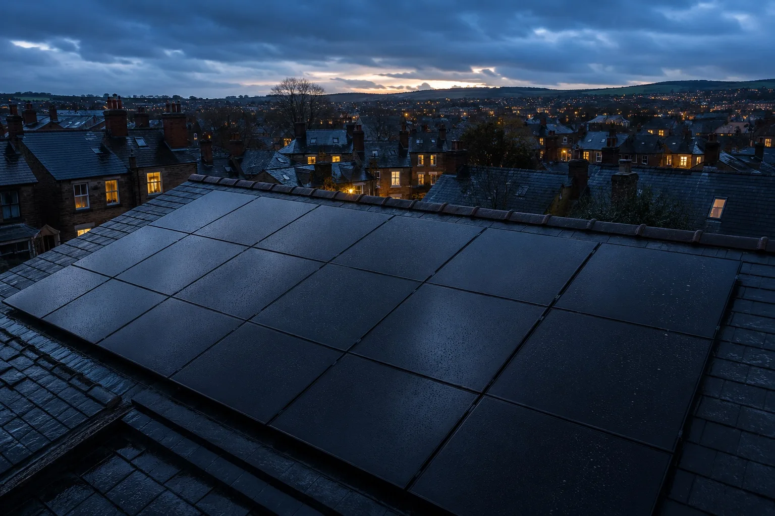 Looking out from behind a rooftop solar array at blue-hour dusk across the slate roofs and lit windows of a British town