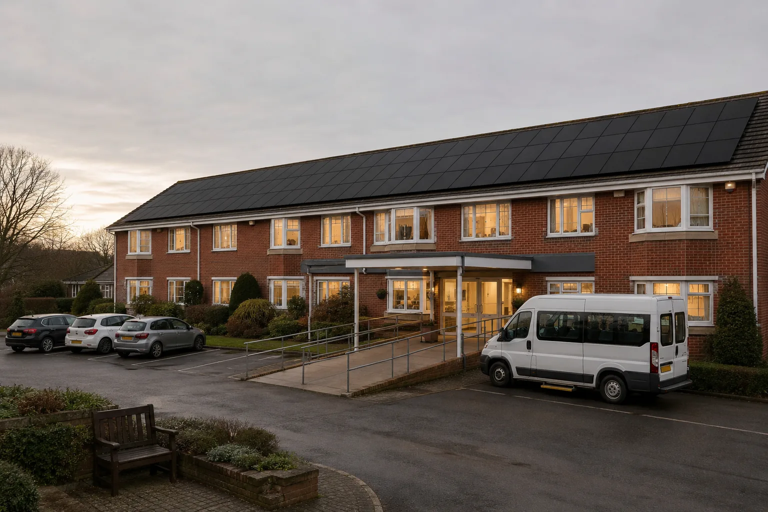 A British residential care home in low winter light, black solar panels filling its pitched roof above a ramped entrance, minibus and lit windows