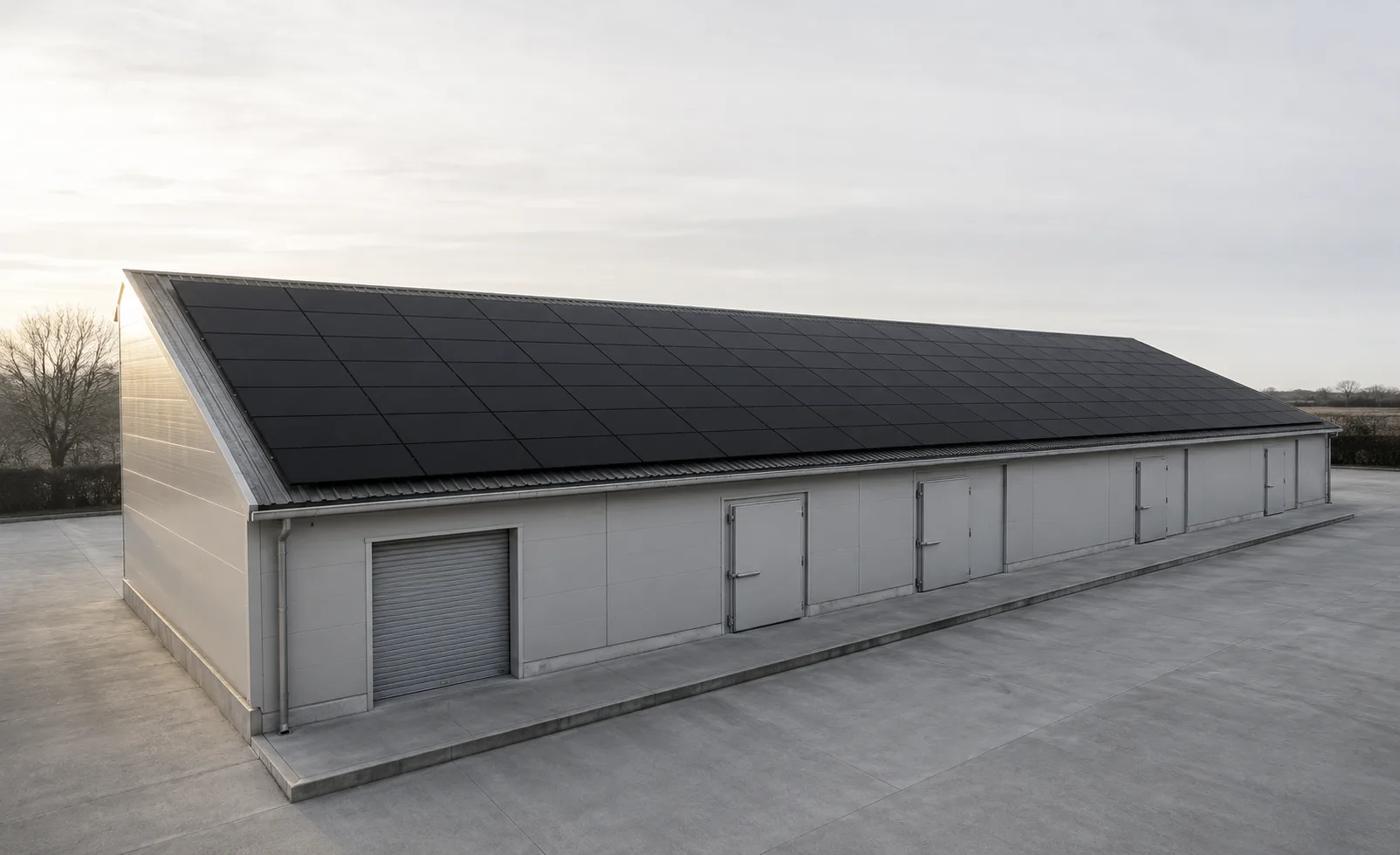 A British food processing unit in low winter light, black solar panels covering its roof above pale insulated cladding and chilled store doors