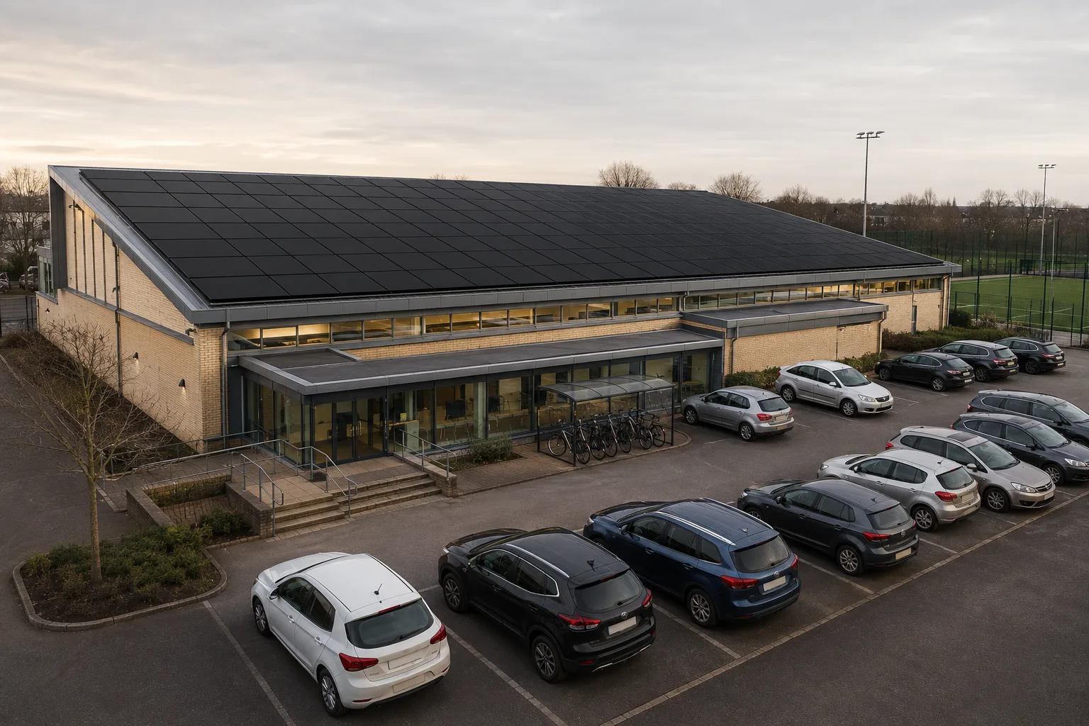 A British leisure centre in low winter light, black solar panels covering its roof above a busy car park and a glazed entrance