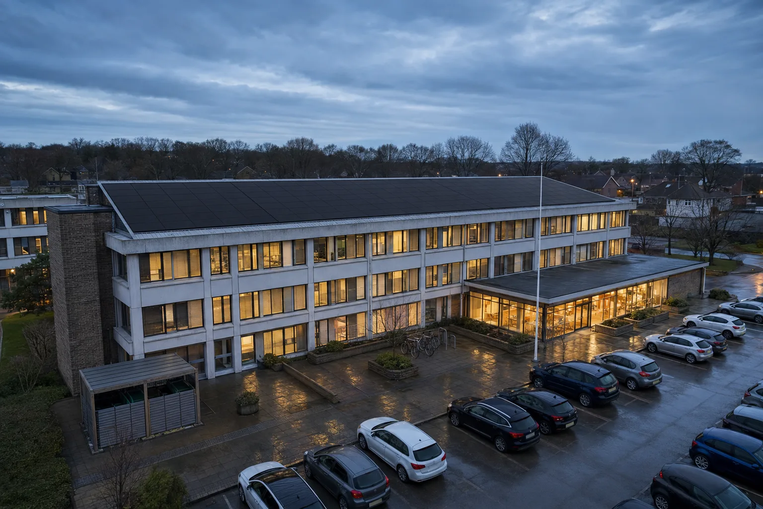A British civic office building at dusk, black solar panels filling its roof above lit office windows and a staff car park