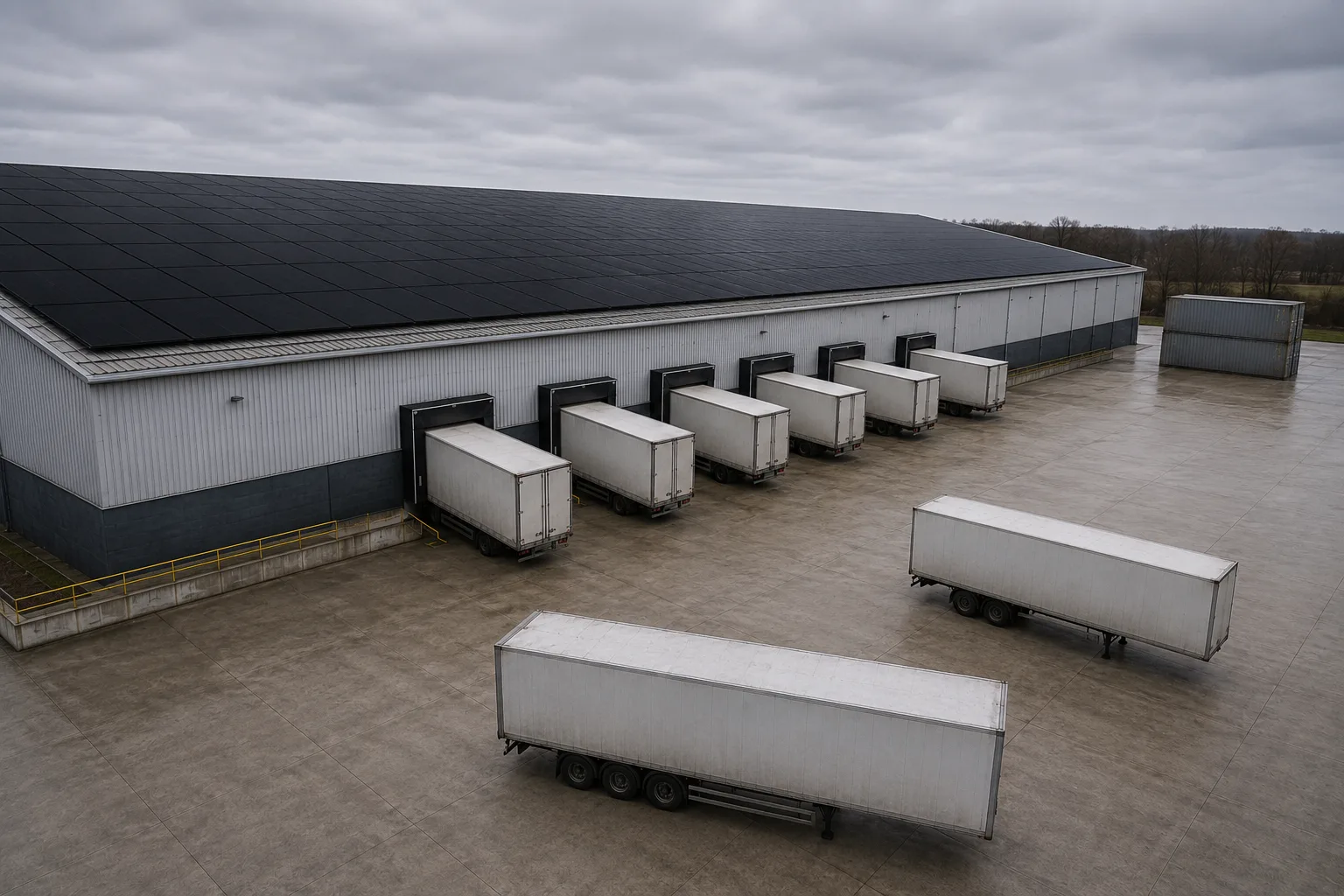 A British logistics distribution centre on a grey afternoon, black solar panels covering its full roof above trailers backed up to a long run of dock doors