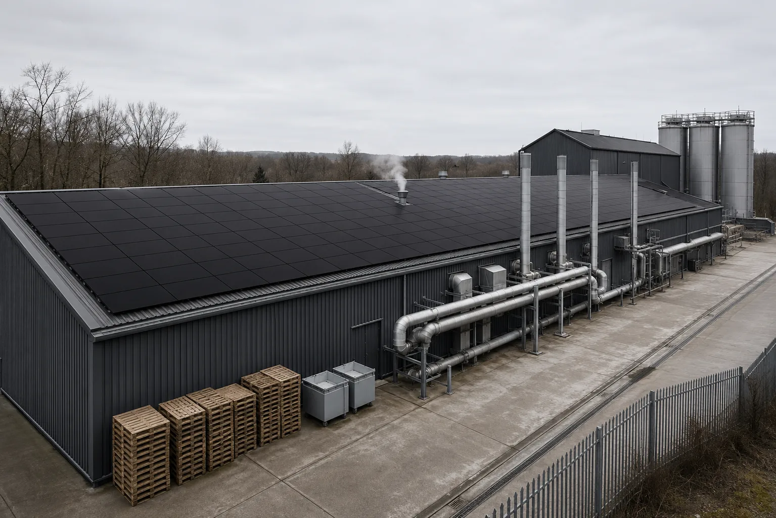 A British paper mill on an overcast afternoon, black solar panels covering its roof above grey cladding, storage silos and lagged pipework