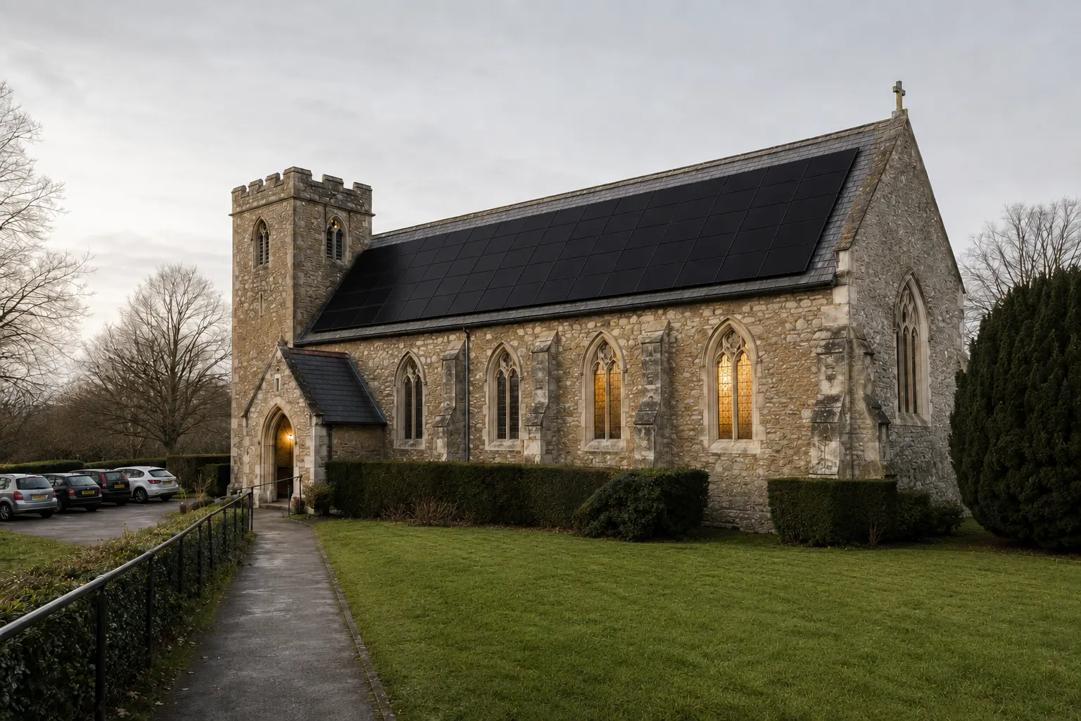 A modest British parish church in low winter light, black solar panels filling its nave roof beside a stone bell tower and churchyard