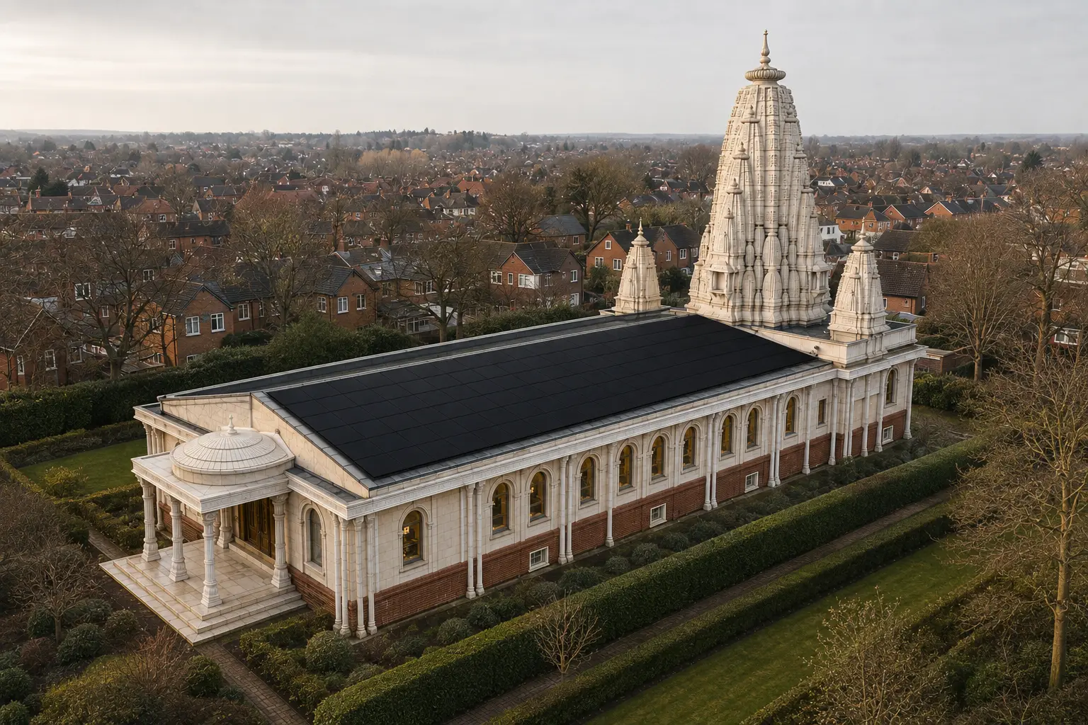 A British Jain temple seen from above in low winter light, black solar panels filling its main roof beneath a tall stepped shikhara tower