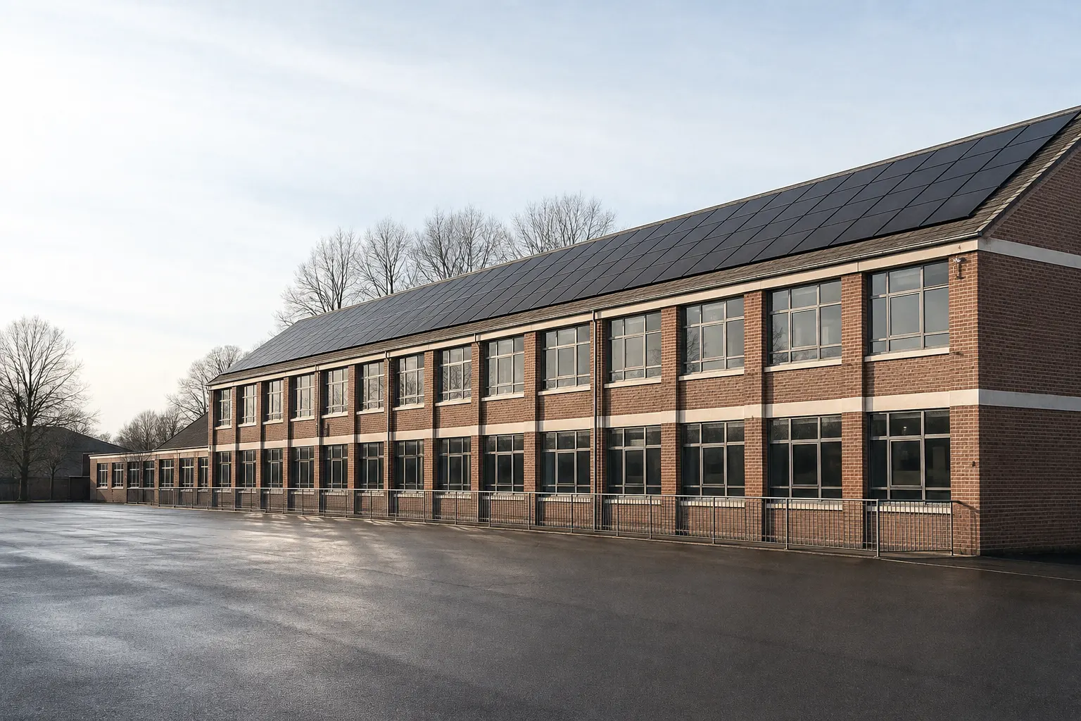 A British school building in low winter light, black solar panels filling its pitched roof above brick walls and metal-framed classroom windows