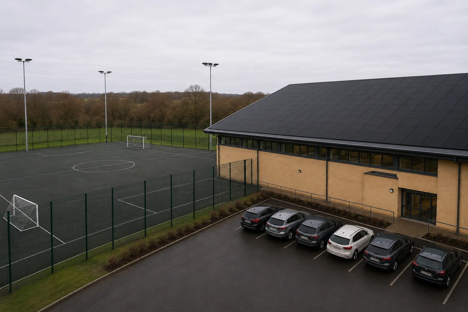 A British sports centre on an overcast afternoon, black solar panels covering its roof above a busy car park, with a floodlit all-weather pitch alongside