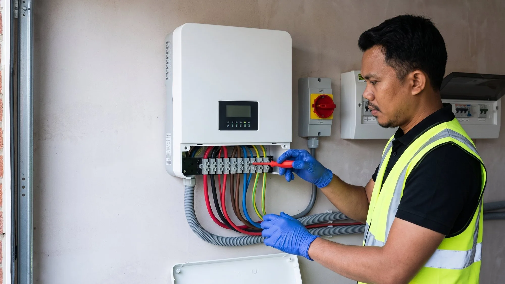 Emergency solar repairs, 24/7 across the UK A Solar4Good engineer testing the DC terminals of a wall-mounted solar inverter with its cover removed, during an emergency repair call-out