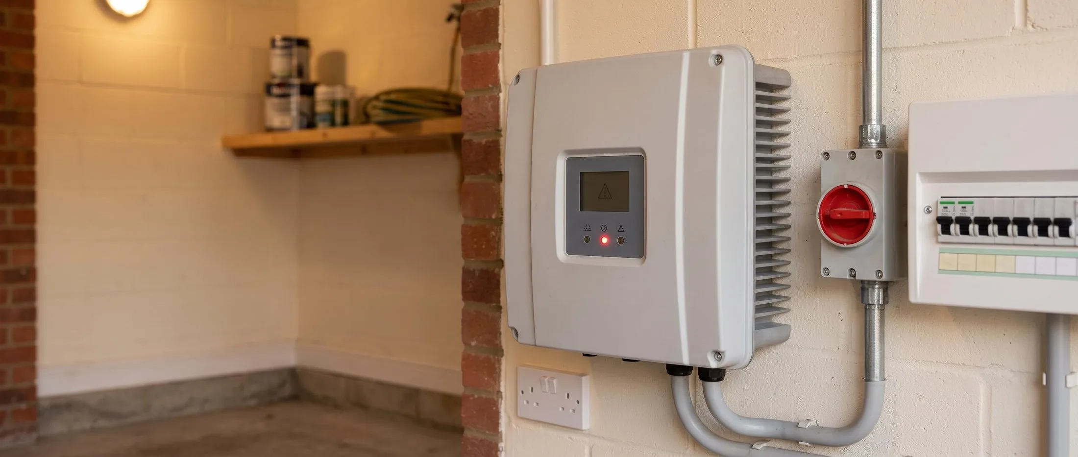 A fault light on the inverter, with the array itself often perfectly healthy A wall-mounted domestic solar inverter in a UK garage showing a red fault light, with the DC isolator and consumer unit alongside it