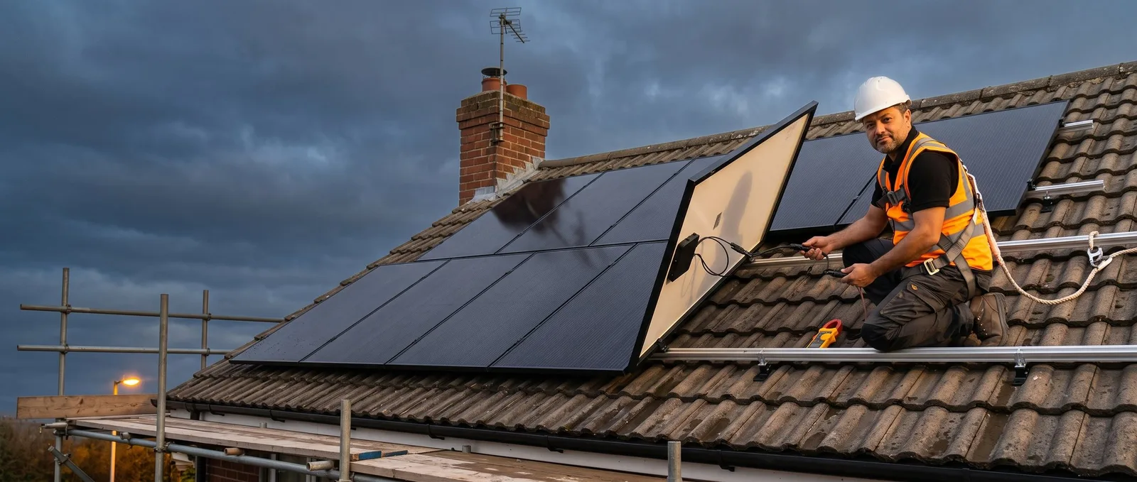 Lifting a panel to reach roof-side wiring on an out-of-hours call-out A Solar4Good engineer in a harness and hard hat on a UK tiled roof at dusk, with one solar panel lifted clear of its rails to reach the wiring beneath