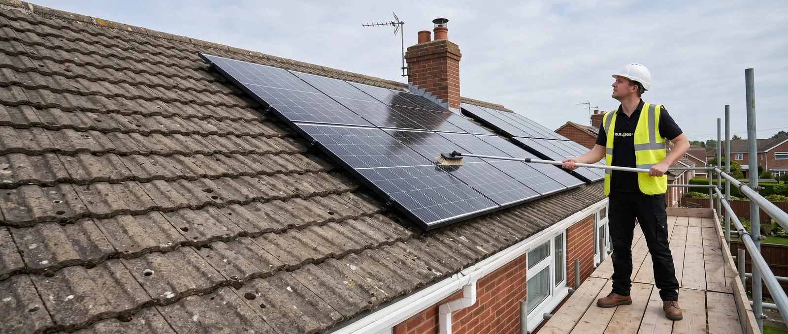 Routine solar panel servicing, carried out from proper access equipment A Solar4Good engineer standing on a scaffold platform, cleaning a rooftop solar array with a telescopic brush
