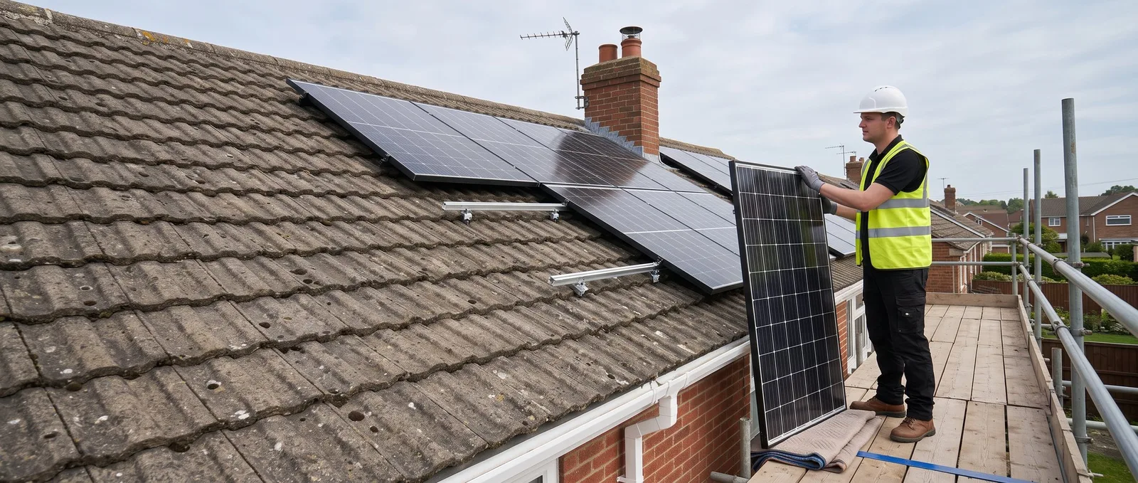 Solar panel removal and reinstallation, done in the right order A Solar4Good engineer on a scaffold platform steadying a solar panel just removed from the roof, with the gap it left showing the mounting rails and tiles beneath