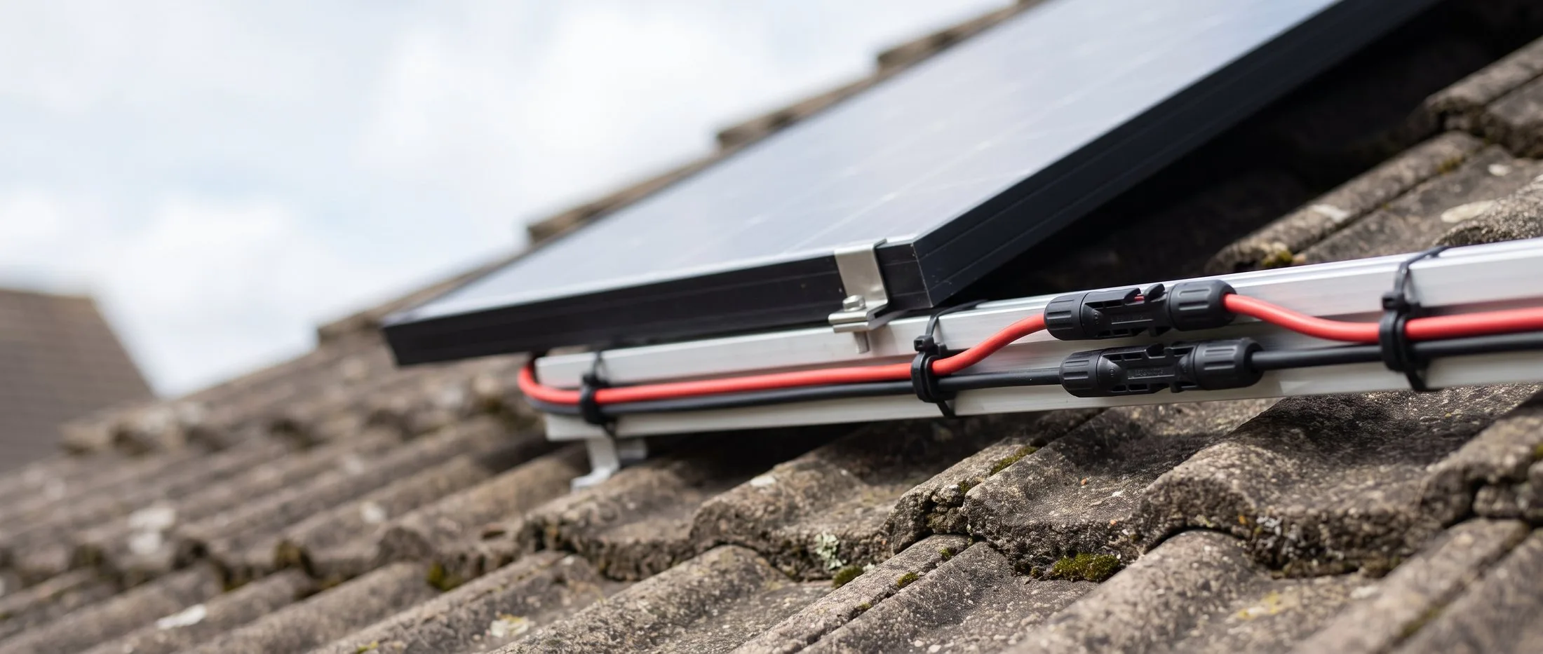 Solar system health checks: the connections examined properly A close-up of solar DC cabling on a rooftop array, showing mated connectors and cables clipped neatly to the mounting rail