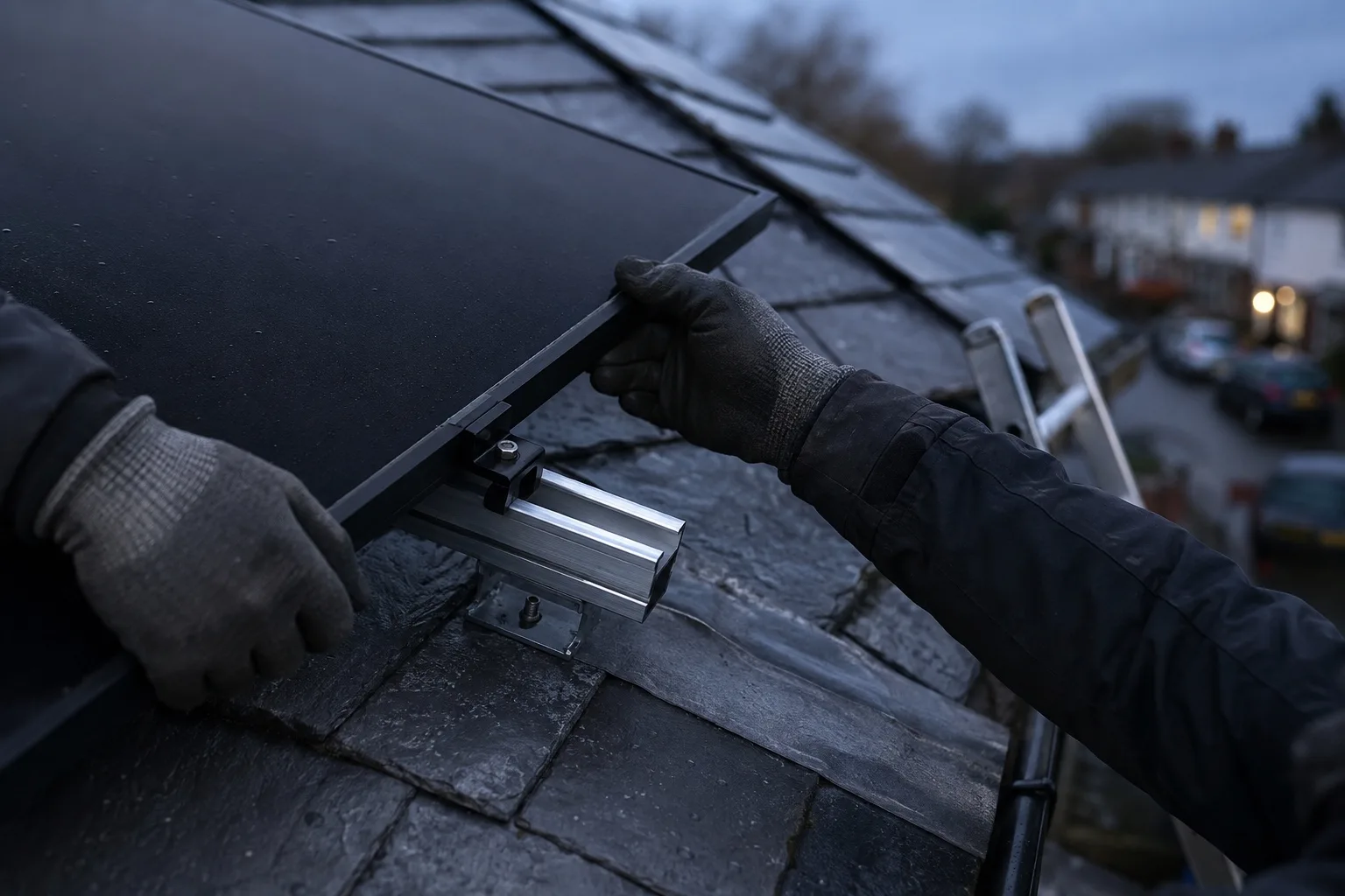 Two Solar4Good installers in work gloves seating a matte black solar panel into its mounting rail on a wet slate roof at dusk, a British terraced street below