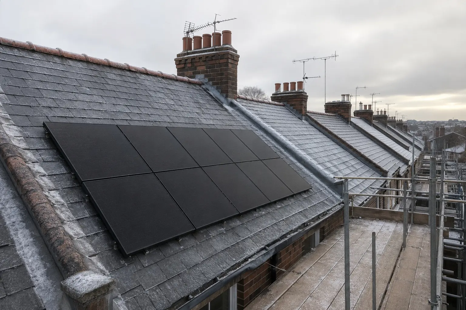 Looking along the frosted slate roofs of a British terrace on a winter morning, with a small block of matte black solar panels on the nearest slope