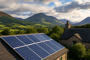 Solar panels on a stone cottage roof with Scottish hills behind