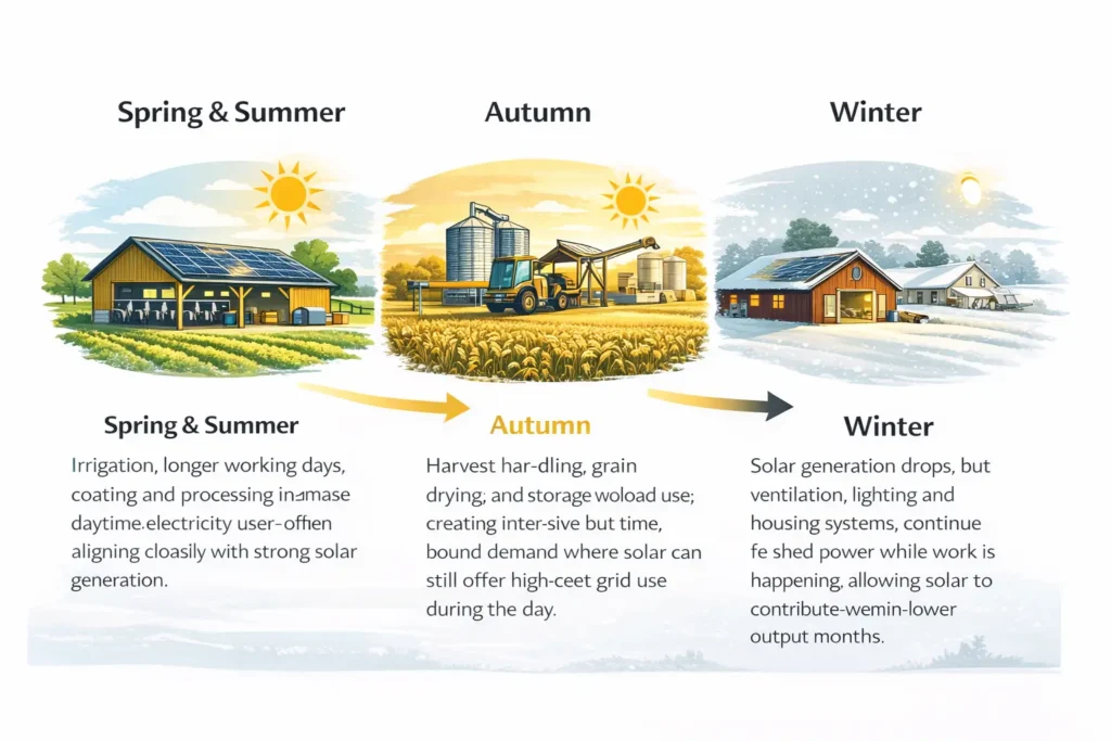 Farm energy demand across the year: spring and summer irrigation, autumn harvest and grain drying, winter ventilation and lighting